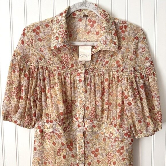 Free People Women Floral Mini Dress With Puff Sleeves & Smocked Detail Size M‎ - Picture 5 of 16